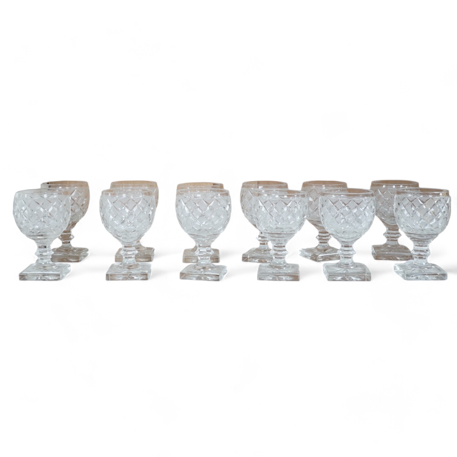 A set of twelve Voneche glass square based wine glasses, 13.5cm high. Condition - fair to good, some minor chips